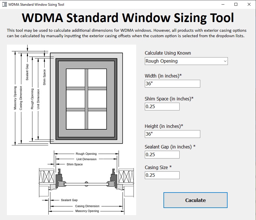 WDMA Standard Window Sizing Tool screenshot